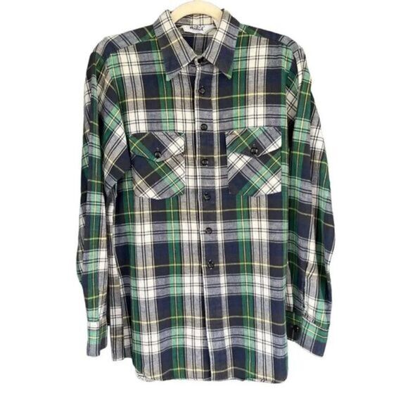 Vintage Woolrich Green Blue Black White Yellow Tartan Plaid Button Up Shirt Size - Picture 1 of 5